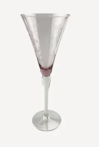 Floral Etched Wine Glass tall Pink