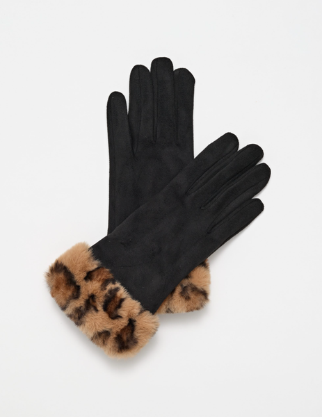 Gloves w/ Leopard Faux Fur Trim - Black