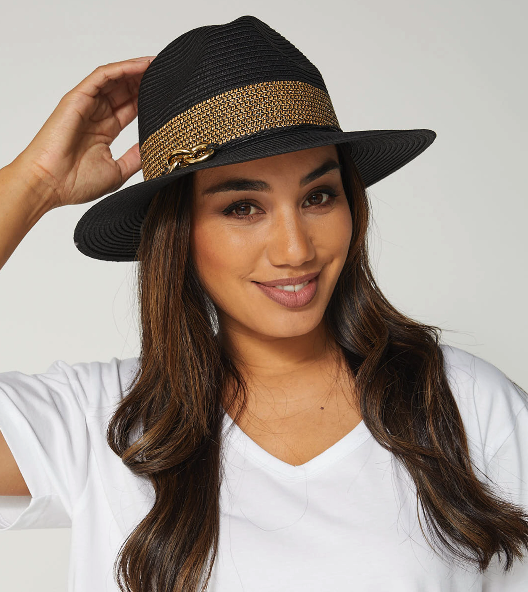 Fedora Black Straw W/Gold Trim