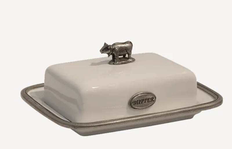 White Pocelain/Pewter Butter Dish