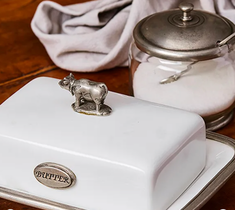 White Pocelain/Pewter Butter Dish