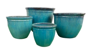 Ceramic glazed round planter w/ green rim M