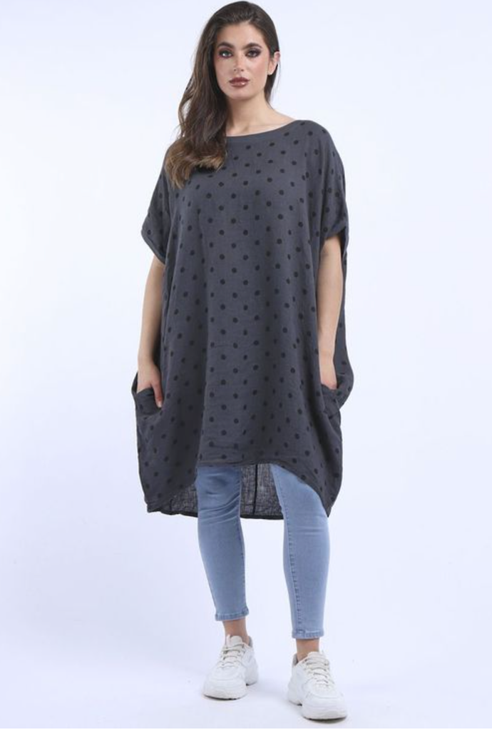 Bianca Linen Spotted Dress Charcoal